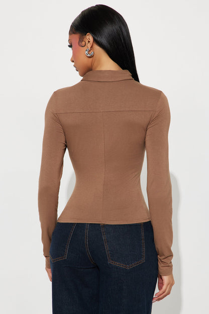 Glinda Long Sleeve Draped Top - Mocha