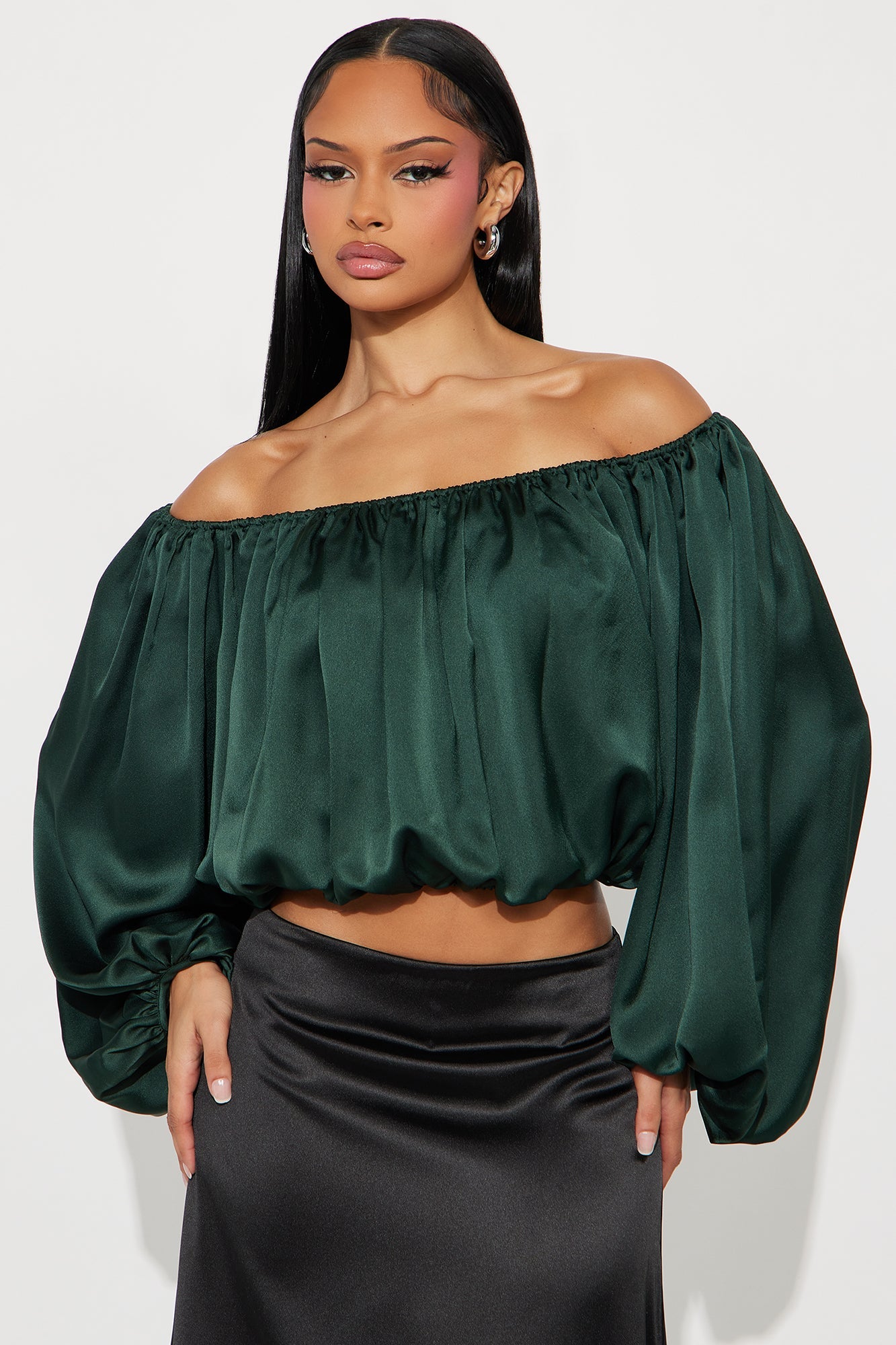 Watch Me Glow Satin Blouse - Hunter Green