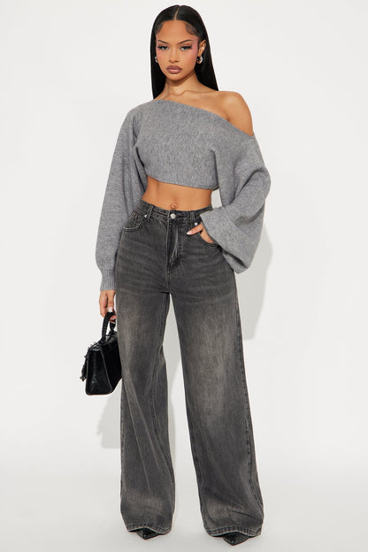 Love Away One Shoulder Sweater Top - Heather Grey