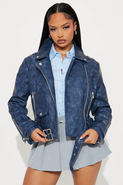 Scenic Route Washed Faux Leather Moto Jacket - Indigo