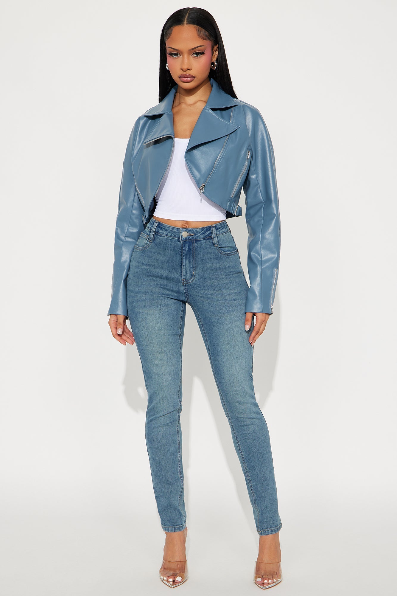 Like A Pro Cropped Faux Leather Moto Jacket - Slate Blue