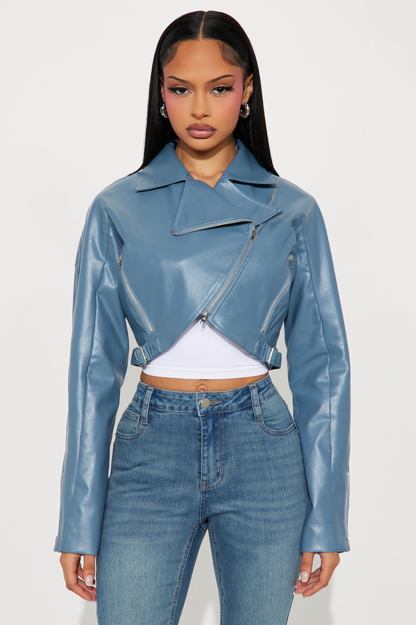 Like A Pro Cropped Faux Leather Moto Jacket - Slate Blue