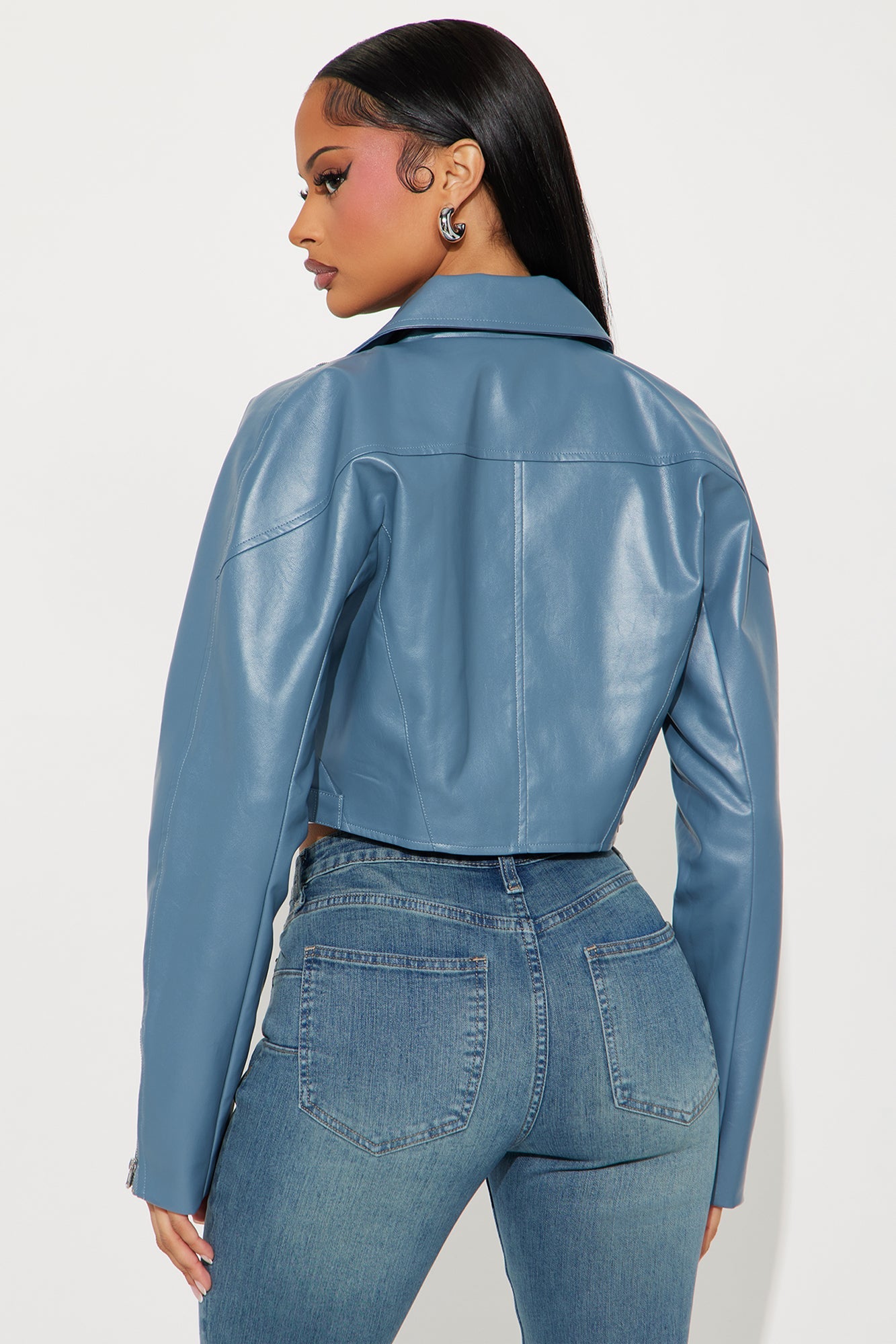 Like A Pro Cropped Faux Leather Moto Jacket - Slate Blue