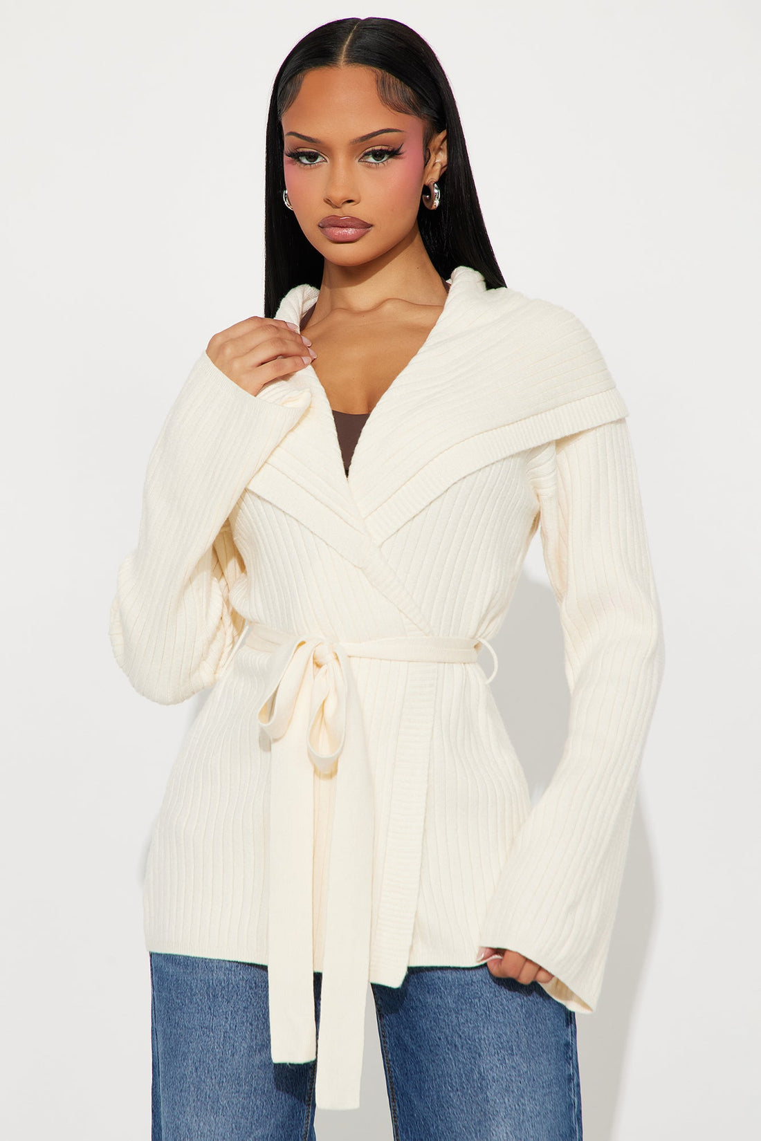 Cozy Queen Tie Waist Cardigan - Cream