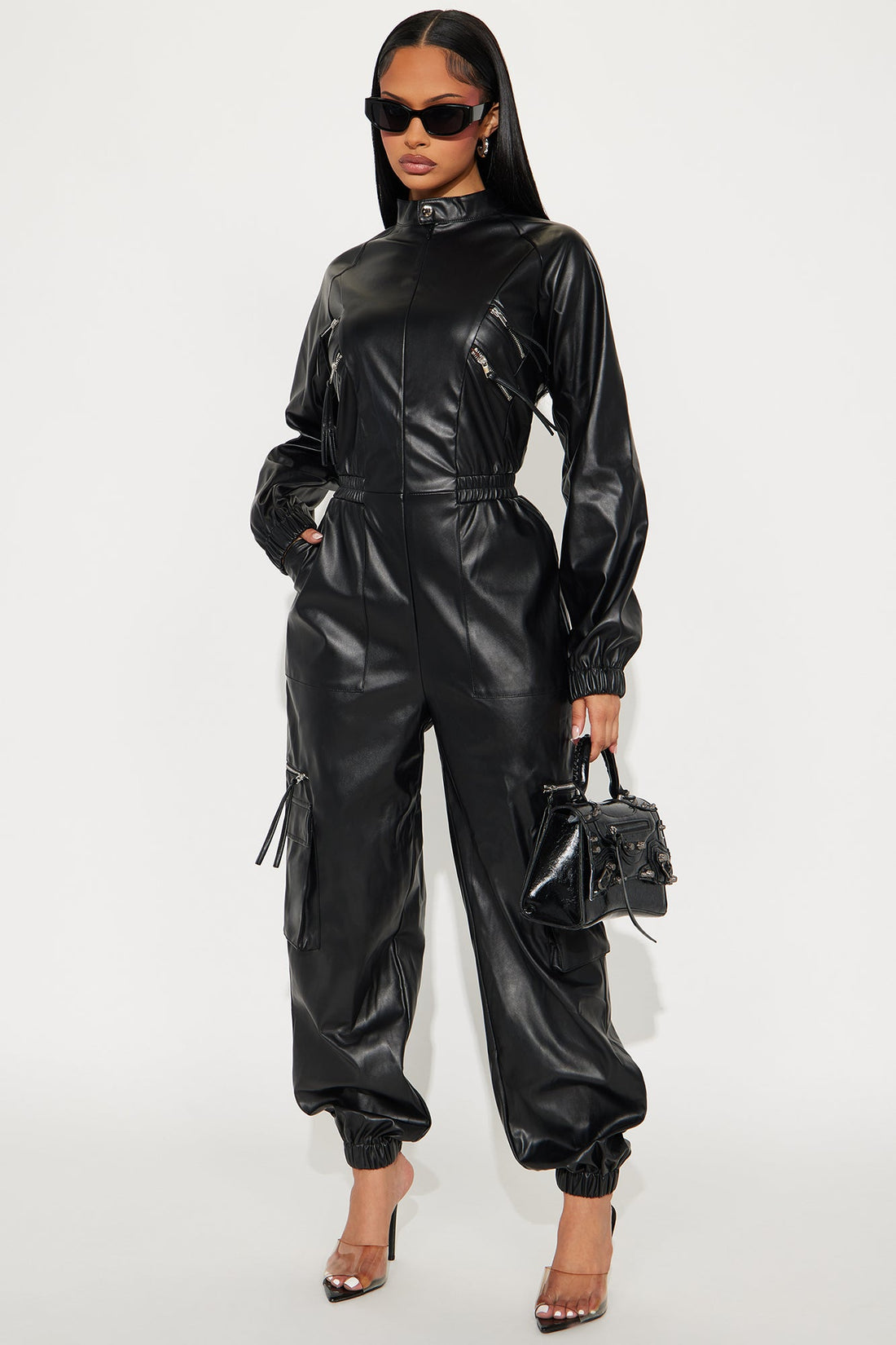 Slow Motion Faux Leather Jogger Jumpsuit - Black
