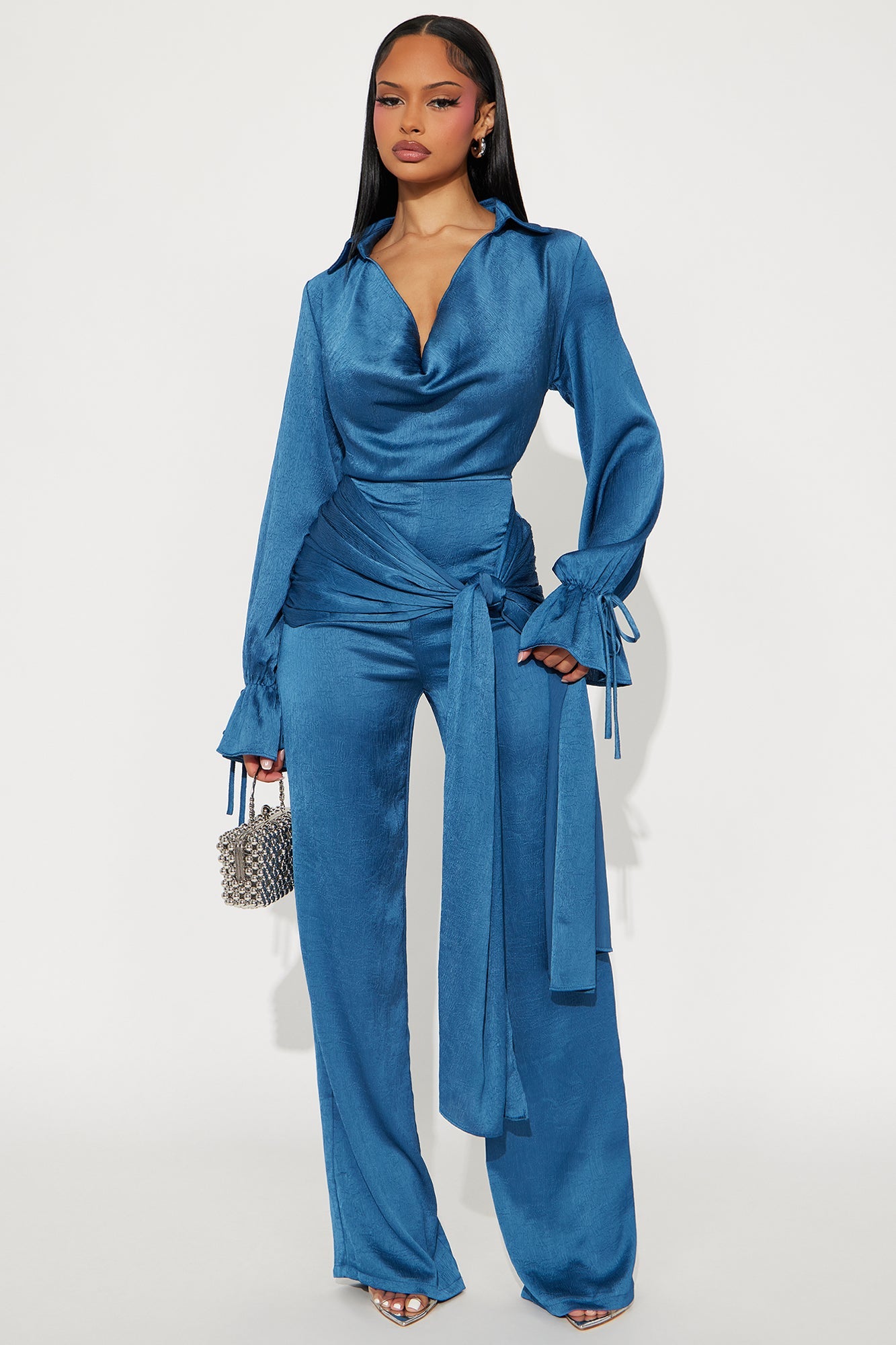 Sleek Satin Wide Leg Jumpsuit - Blue