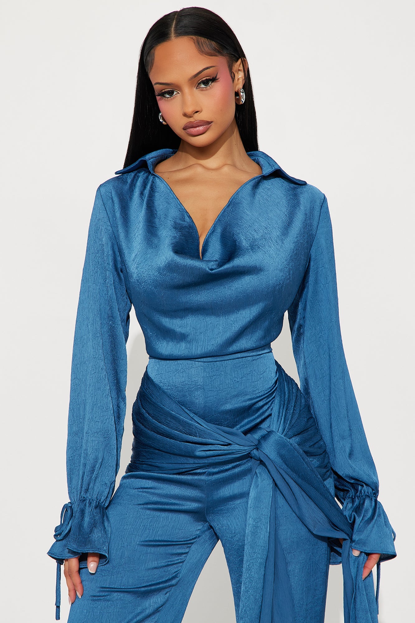 Sleek Satin Wide Leg Jumpsuit - Blue