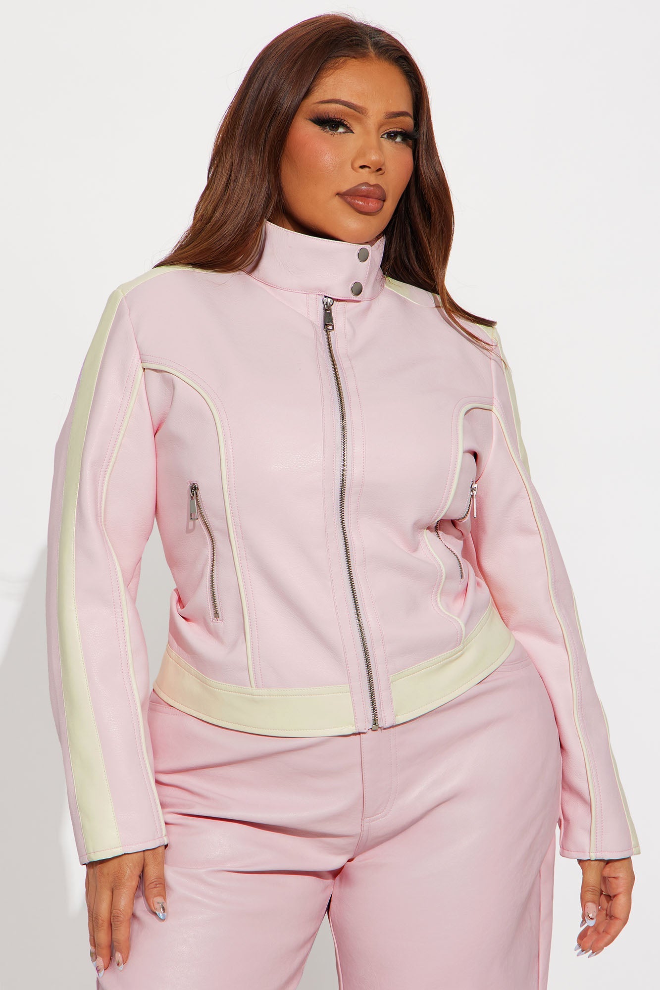Makayla Faux Leather Moto Jacket - Pink/combo