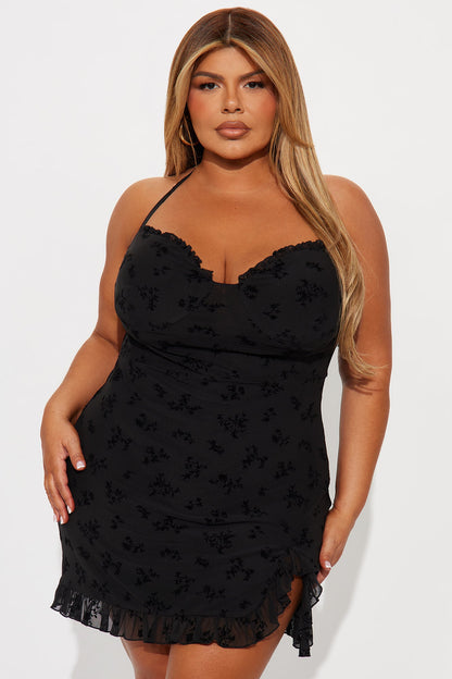 Tall Julia Flocked Mini Dress - Black