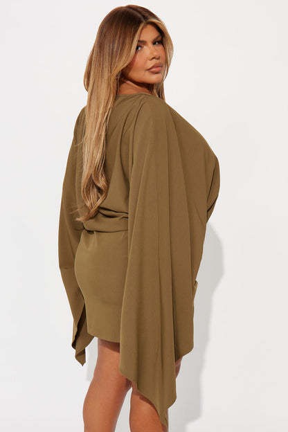 Annora Draped Long Sleeve Mini Dress - Olive
