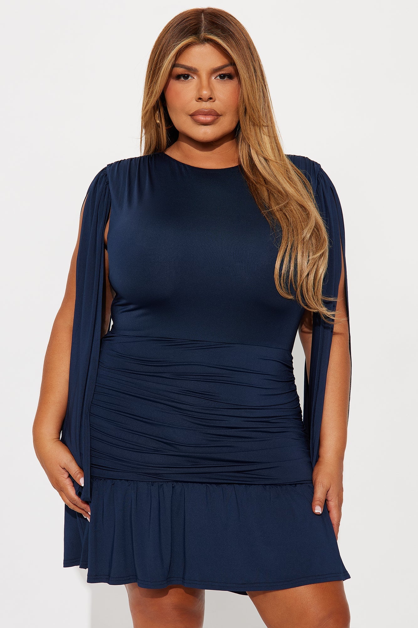 Glossy Smile Ruched Mini Dress - Navy