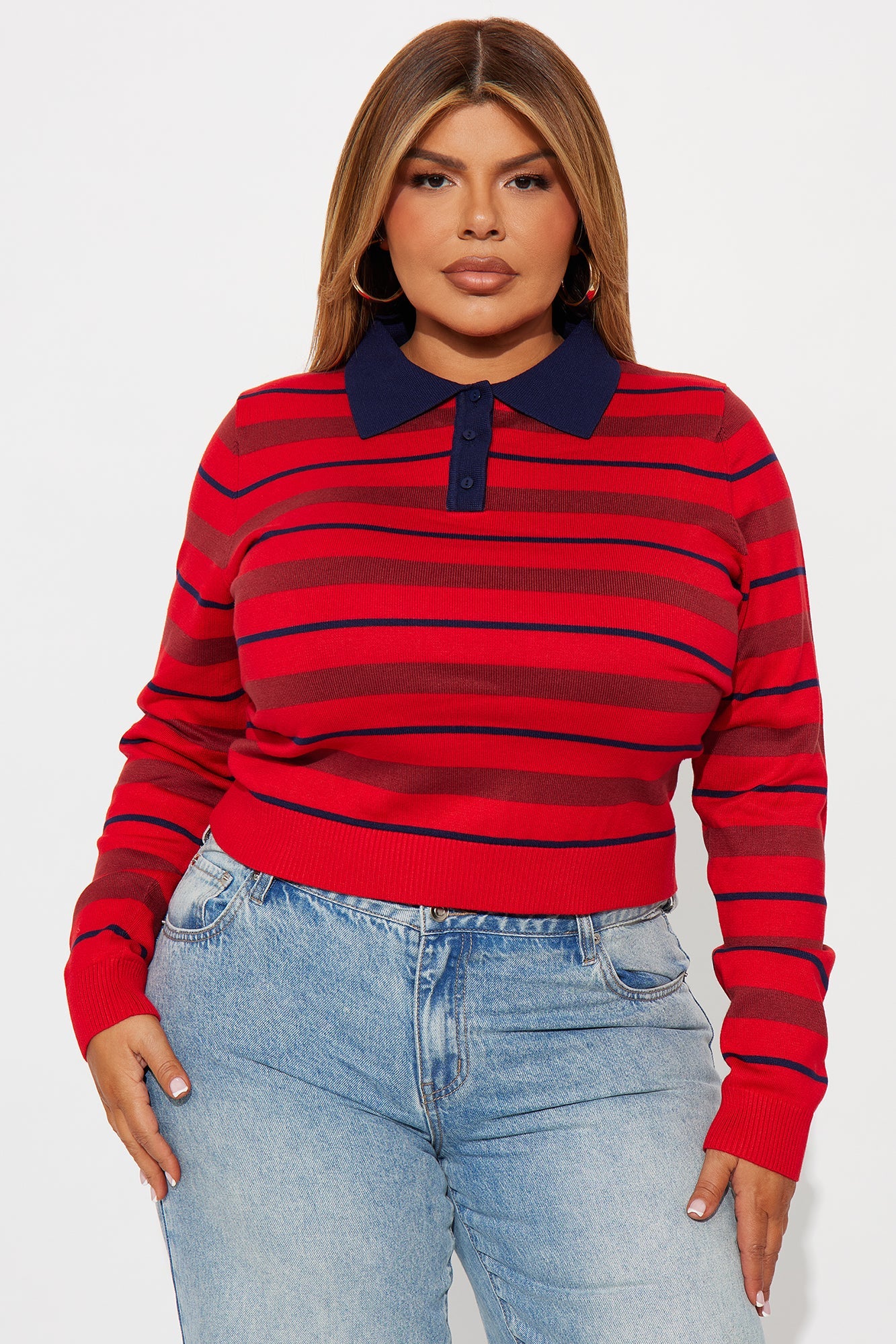 Justine Striped Polo Sweater - Red/combo