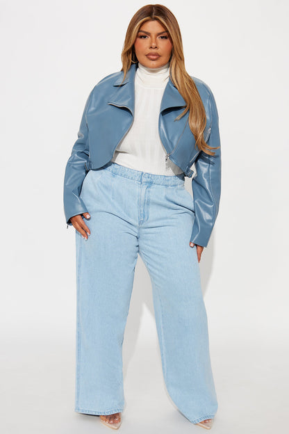 Like A Pro Cropped Faux Leather Moto Jacket - Slate Blue