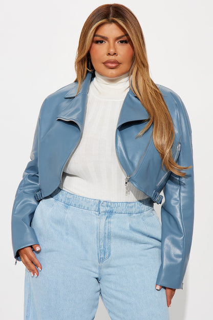 Like A Pro Cropped Faux Leather Moto Jacket - Slate Blue