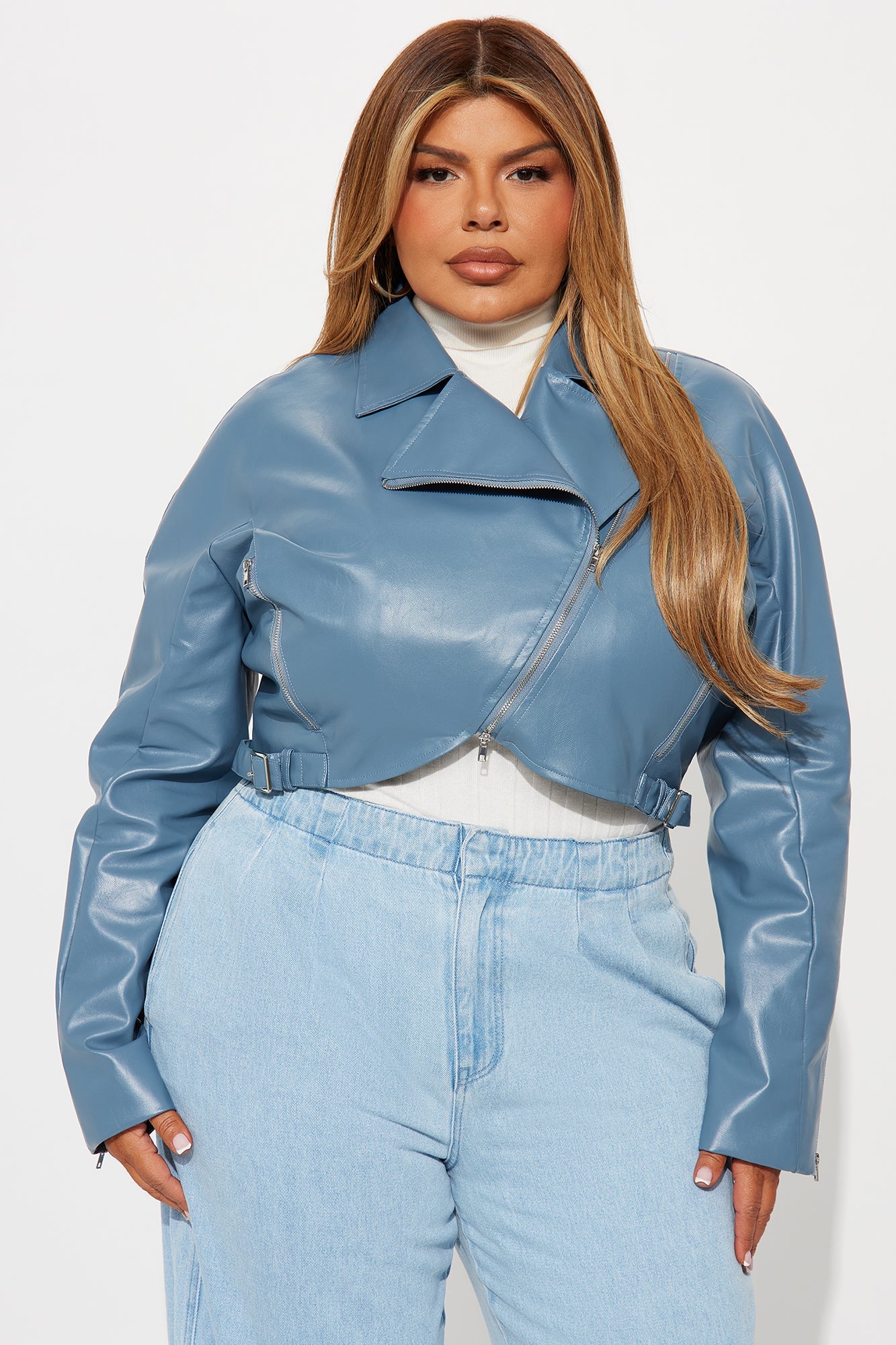 Like A Pro Cropped Faux Leather Moto Jacket - Slate Blue