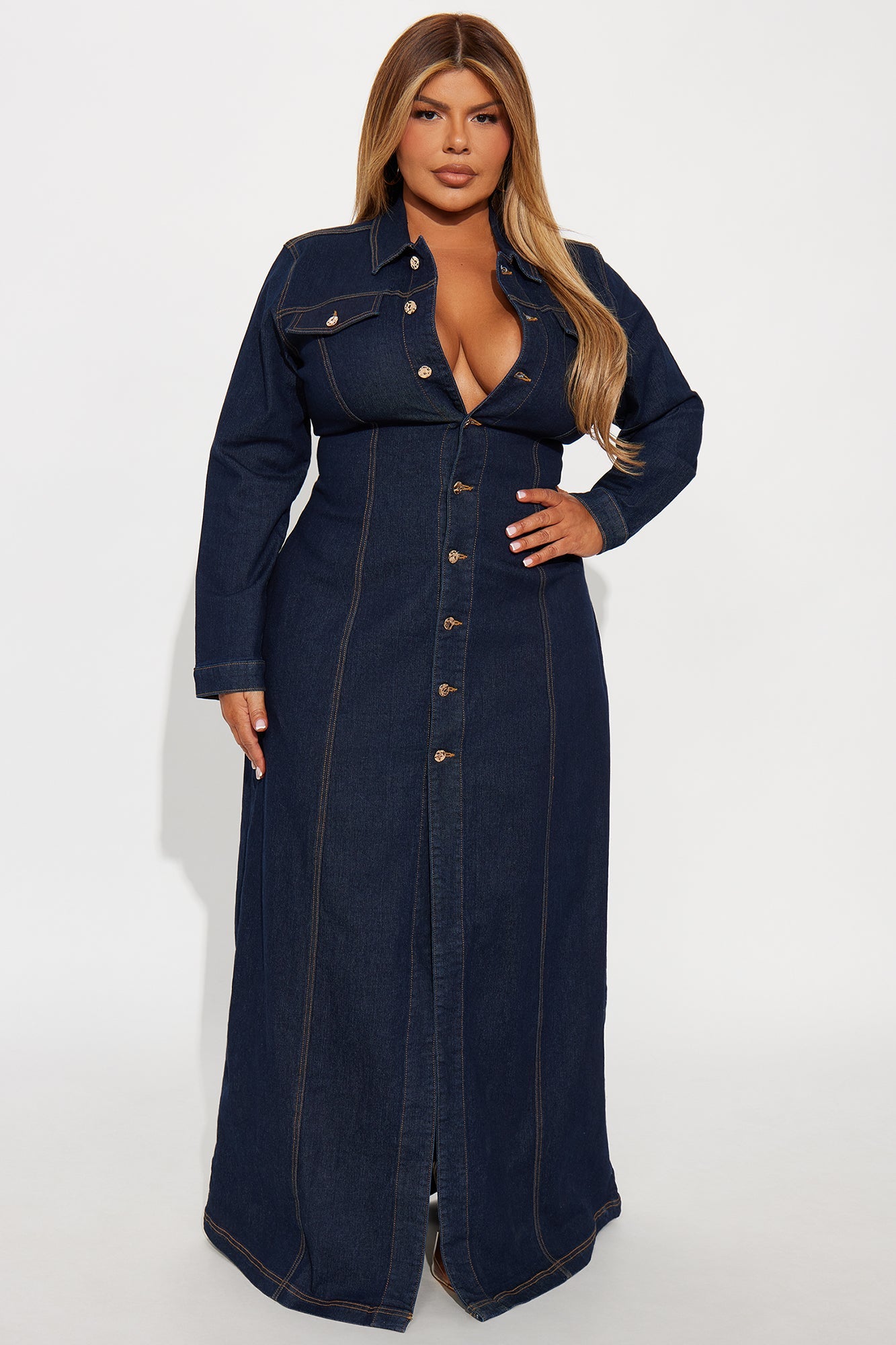 Deandra Long Sleeve Denim Stretch Maxi Dress - Dark Denim