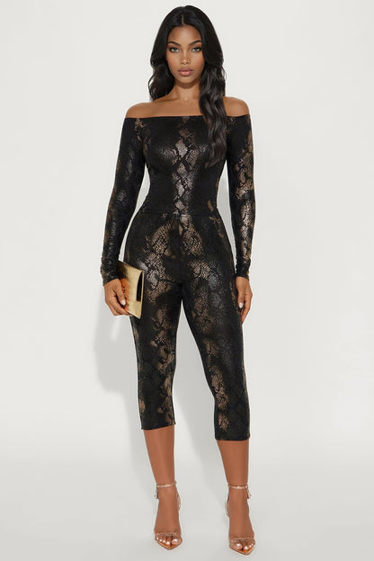 Malia Metallic Snake Cropped Pant Set - Black