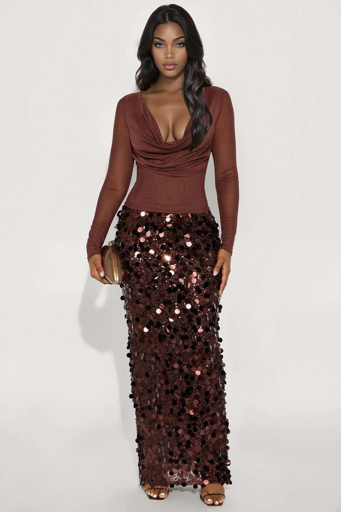 Sundown Soiree Sequin Maxi Skirt Set - Chocolate