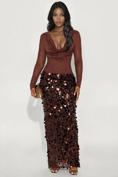 Sundown Soiree Sequin Maxi Skirt Set - Chocolate