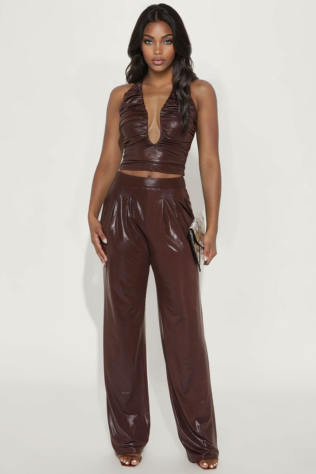 Tempt Me Glitter Halter Top Pant Set - Brown
