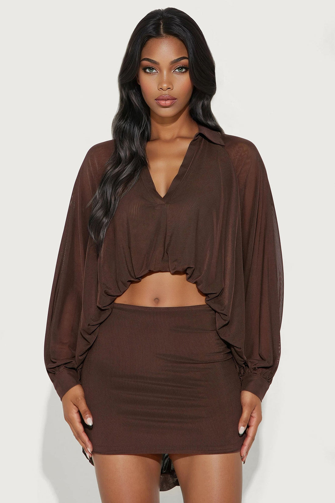 After Hours Mesh Bubble Hem Blouse Skirt Set - Chocolate