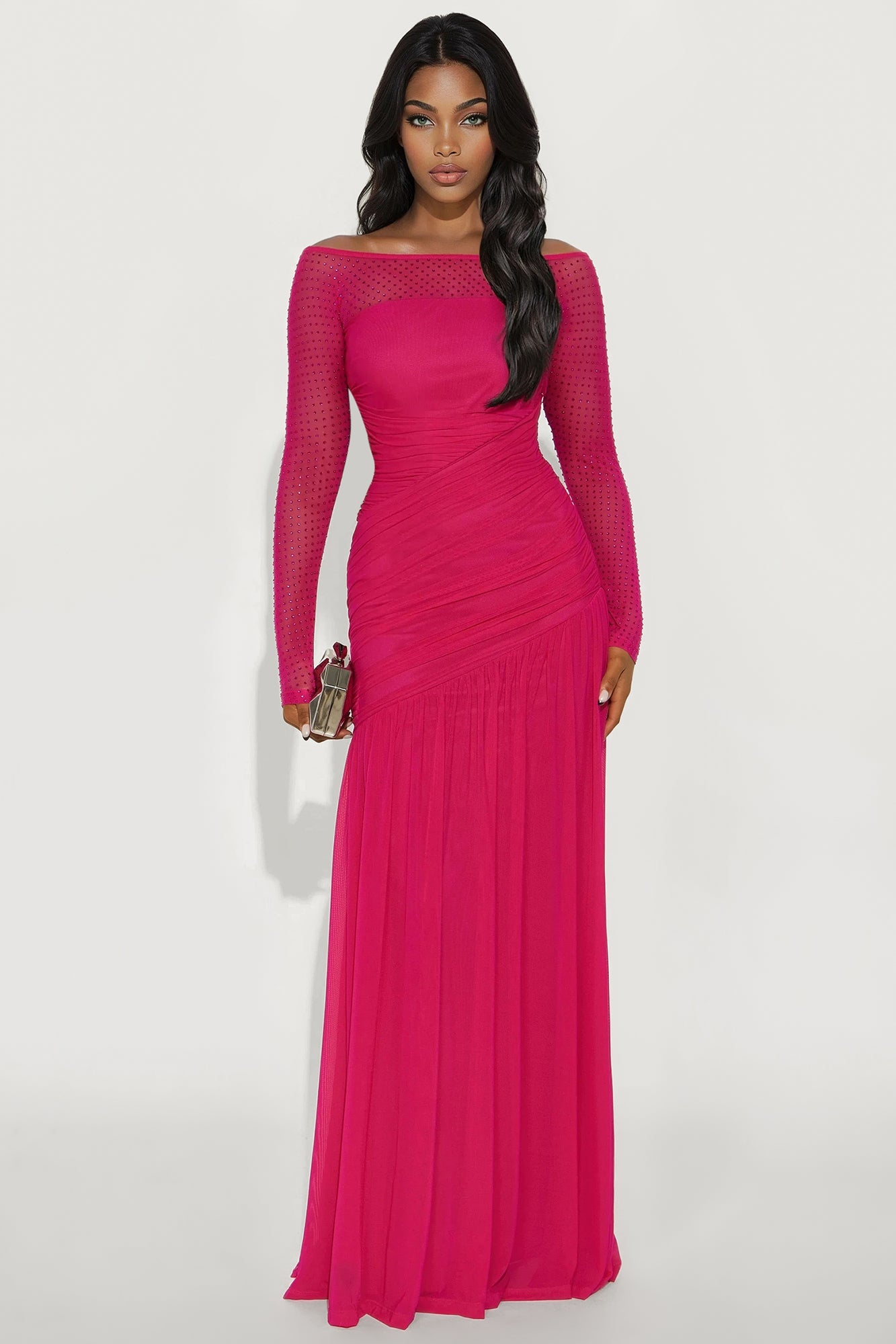 Krystal Embellished Mesh Maxi Gown - Pink