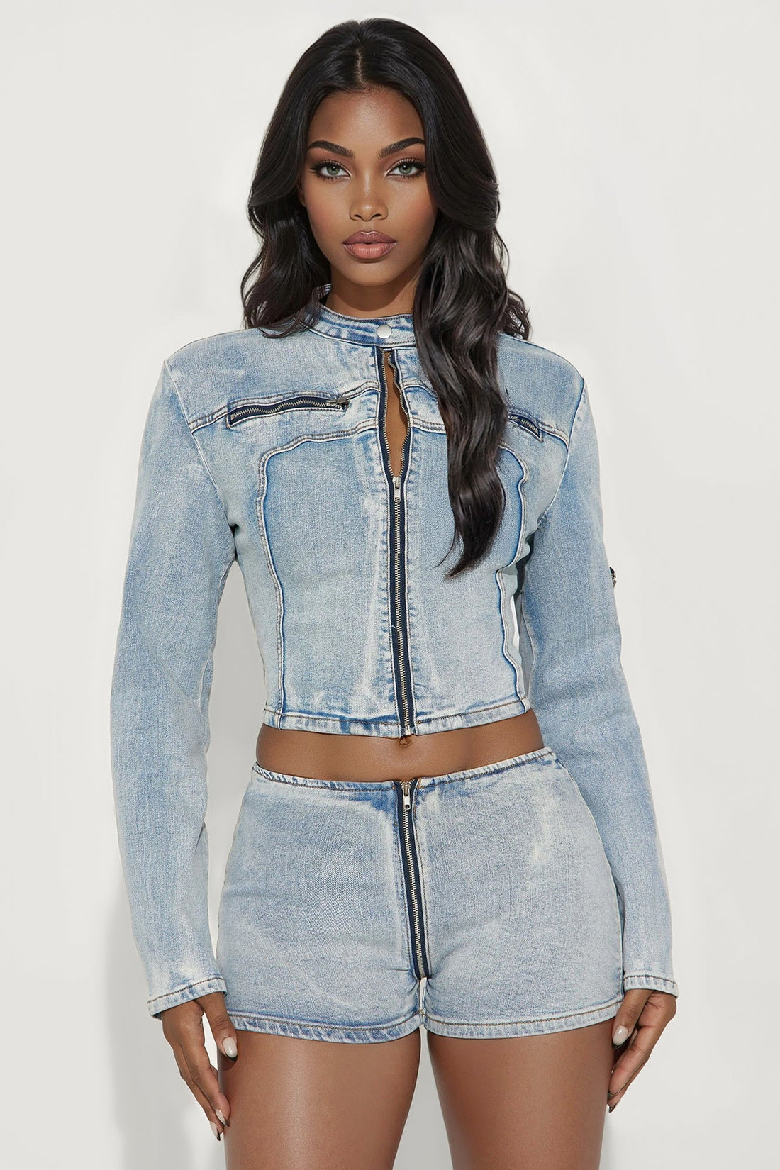 Verona Washed Denim Jacket Short Set - Light Wash