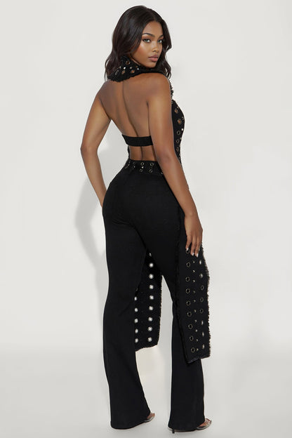 Dezi Grommet Denim Pant Set - Black