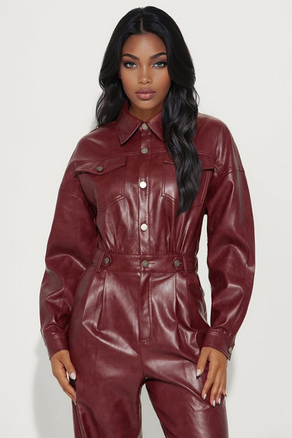 City Stroll Faux Leather Jumpsuit - Wine