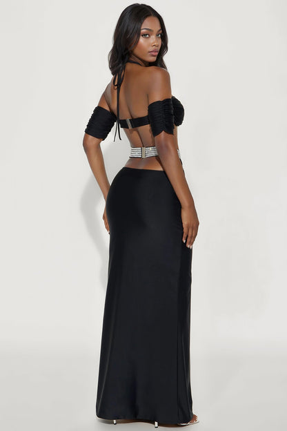 Champagne Toast Halter Top Maxi Skirt Set - Black