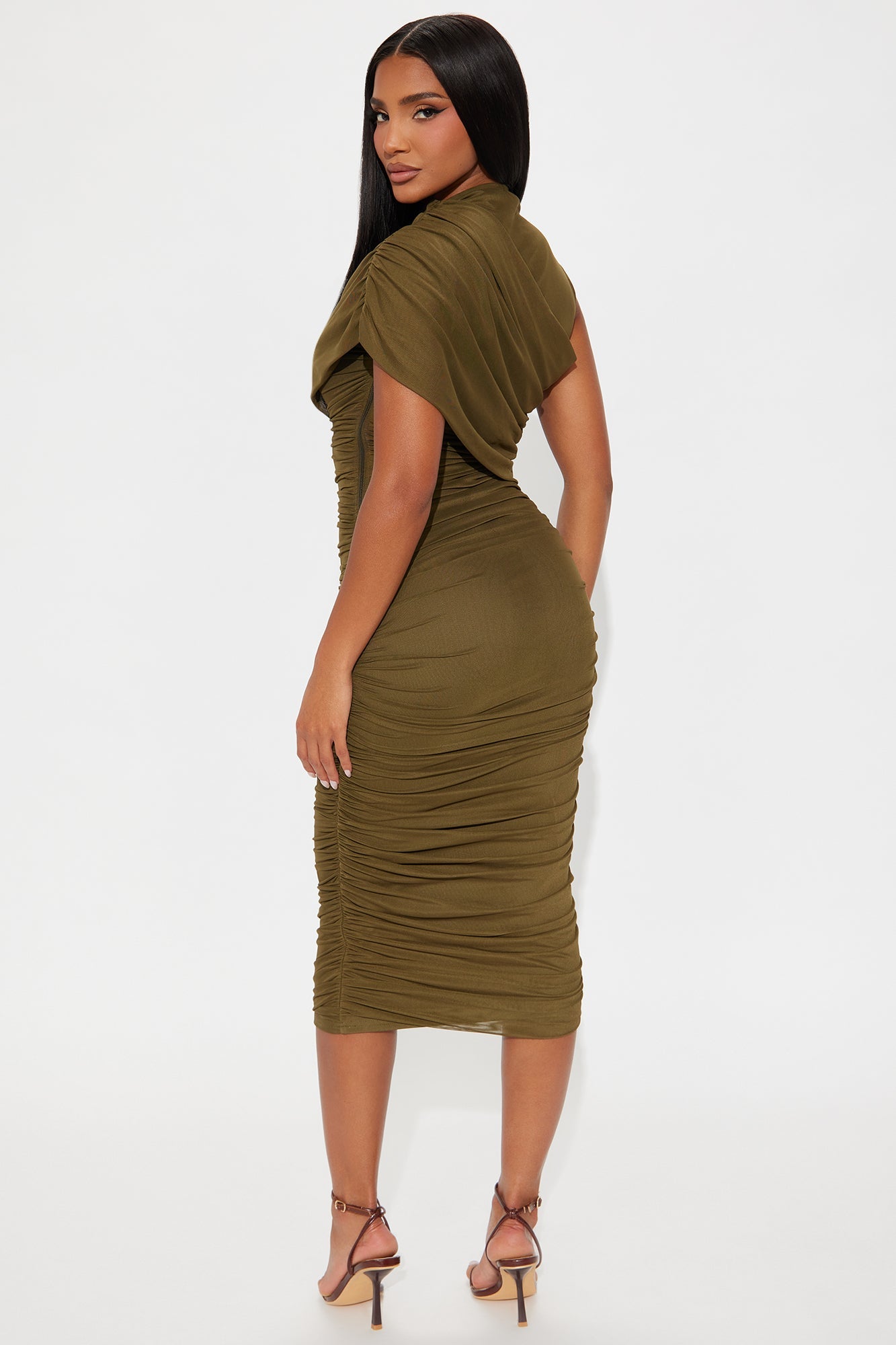 Diya Draped Mesh Midi Dress - Olive