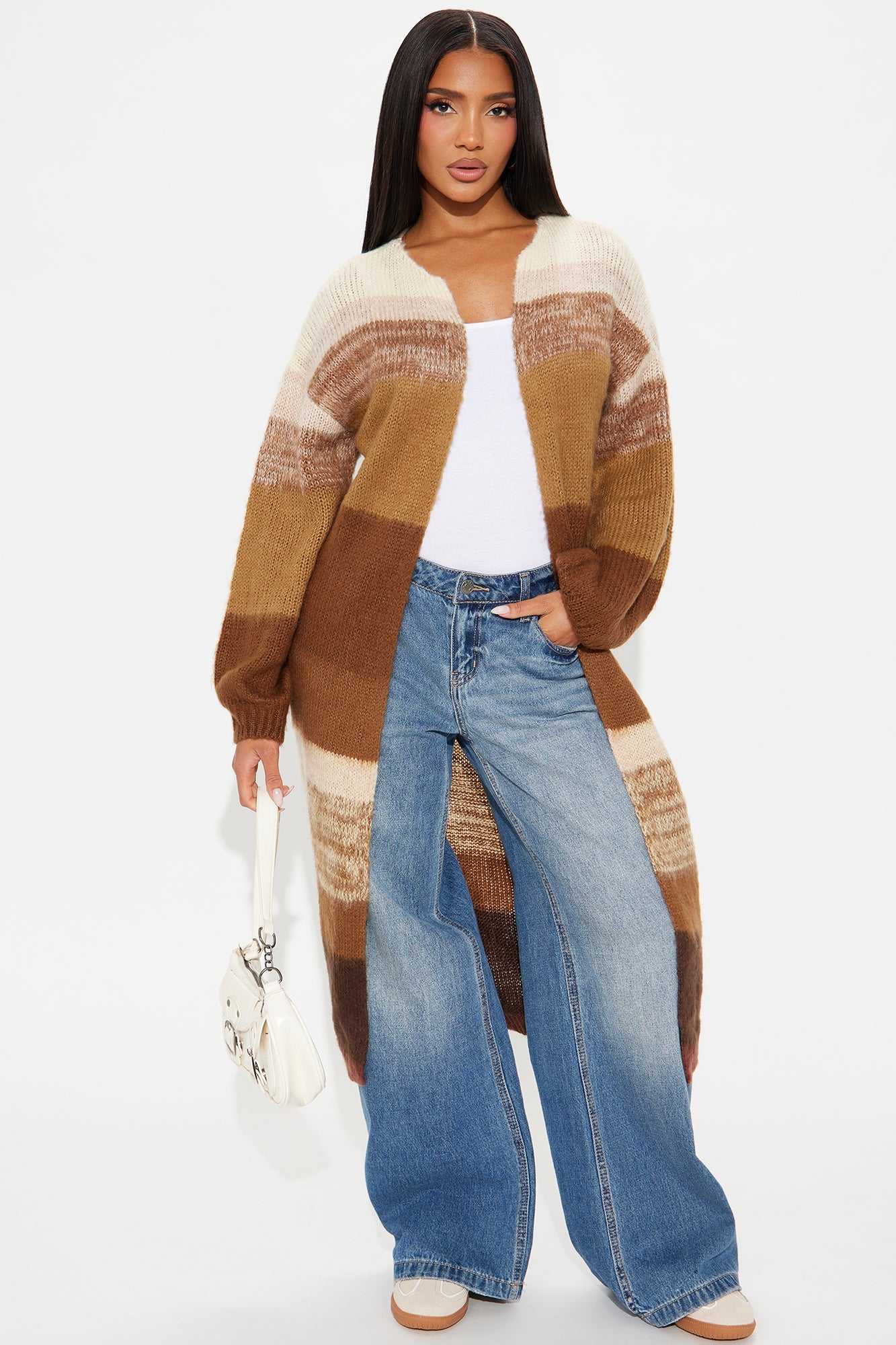 Lennon Color Block Long Cardigan - Brown/combo