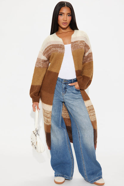 Lennon Color Block Long Cardigan - Brown/combo