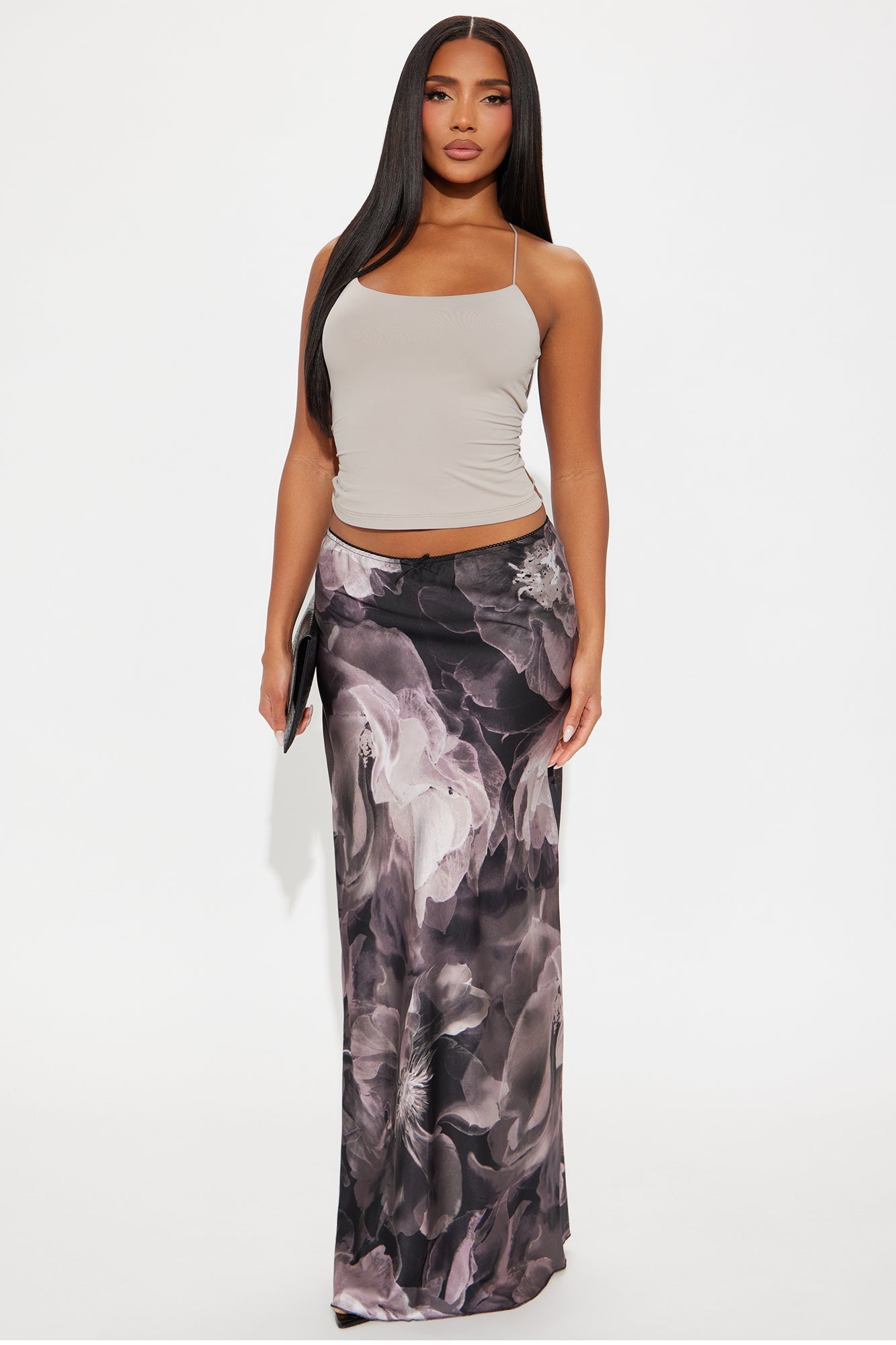 Bri Dark Floral Satin Maxi Skirt - Grey/combo
