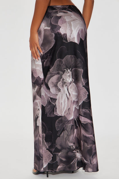 Bri Dark Floral Satin Maxi Skirt - Grey/combo