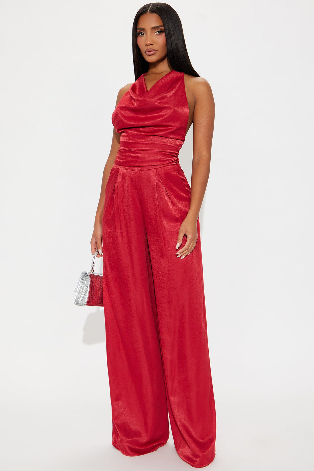 Invite Only Satin Wide Leg Jumpsuit - Red