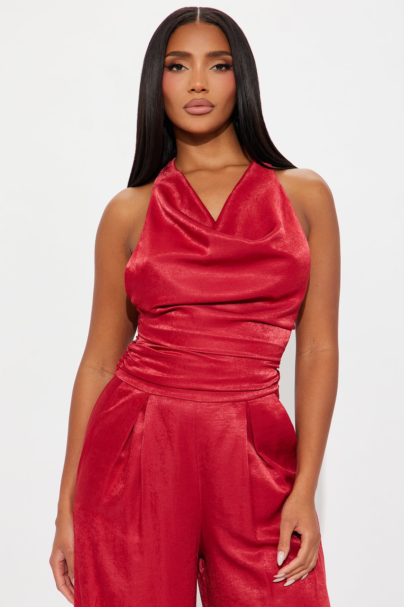 Invite Only Satin Wide Leg Jumpsuit - Red