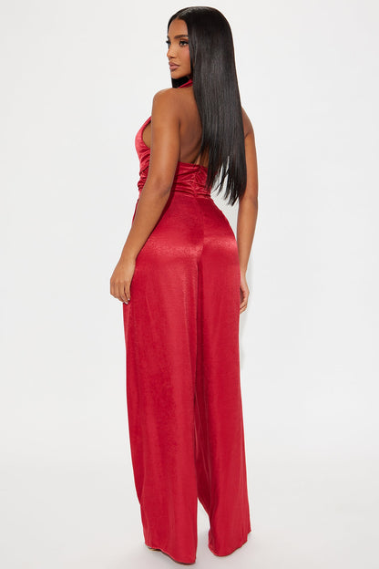 Invite Only Satin Wide Leg Jumpsuit - Red