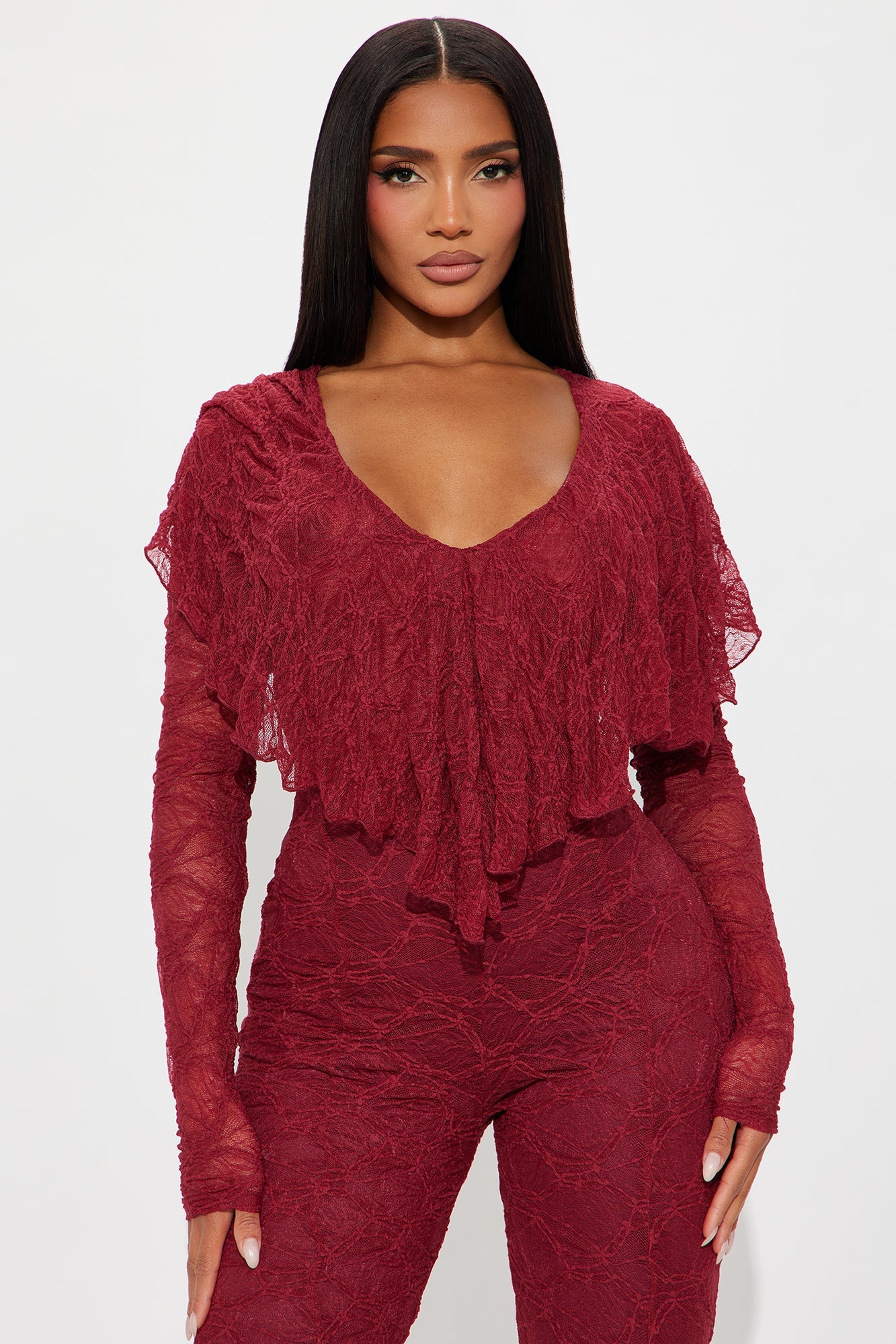 Noelle Lace V Neck Jumpsuit - Burgundy