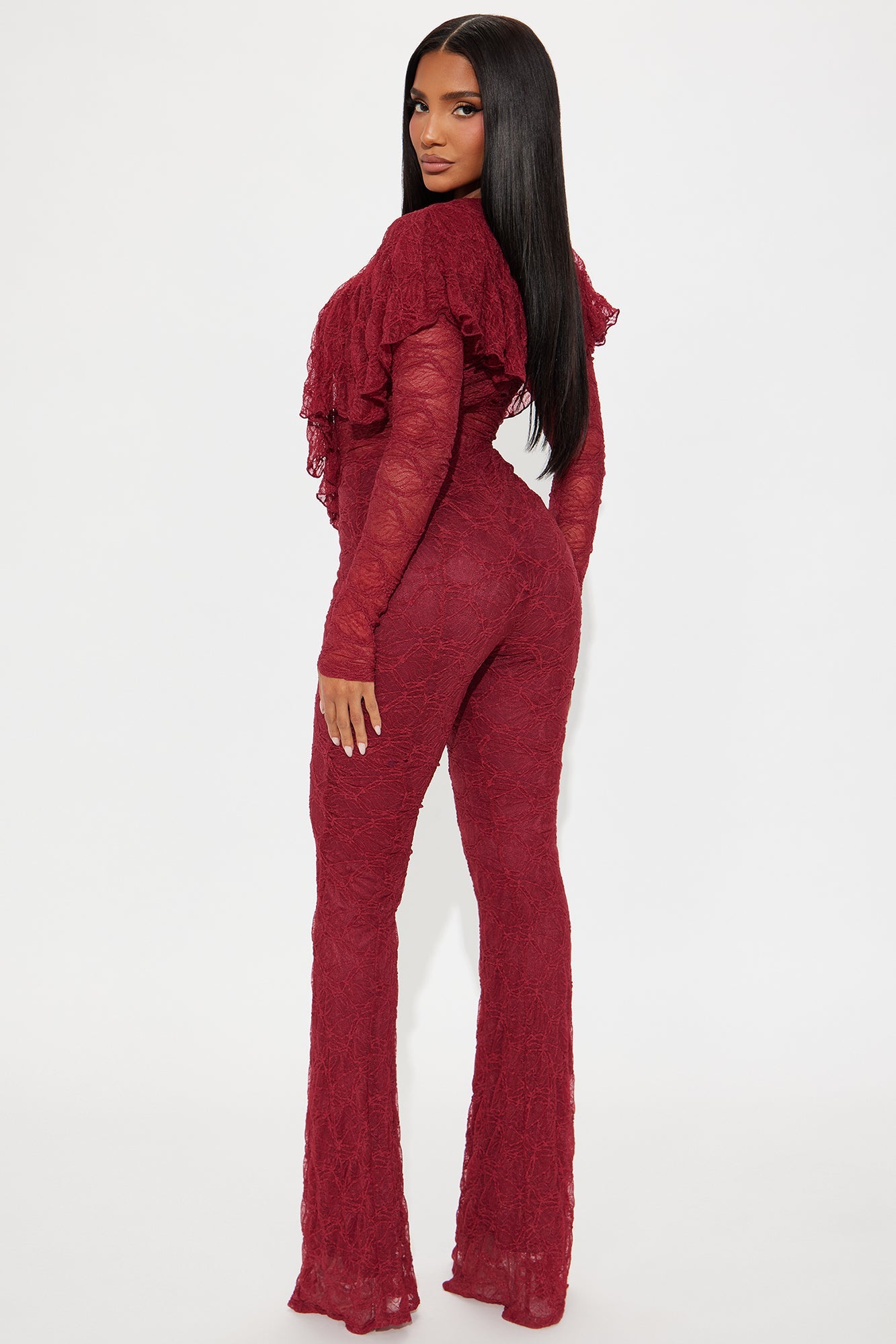 Noelle Lace V Neck Jumpsuit - Burgundy