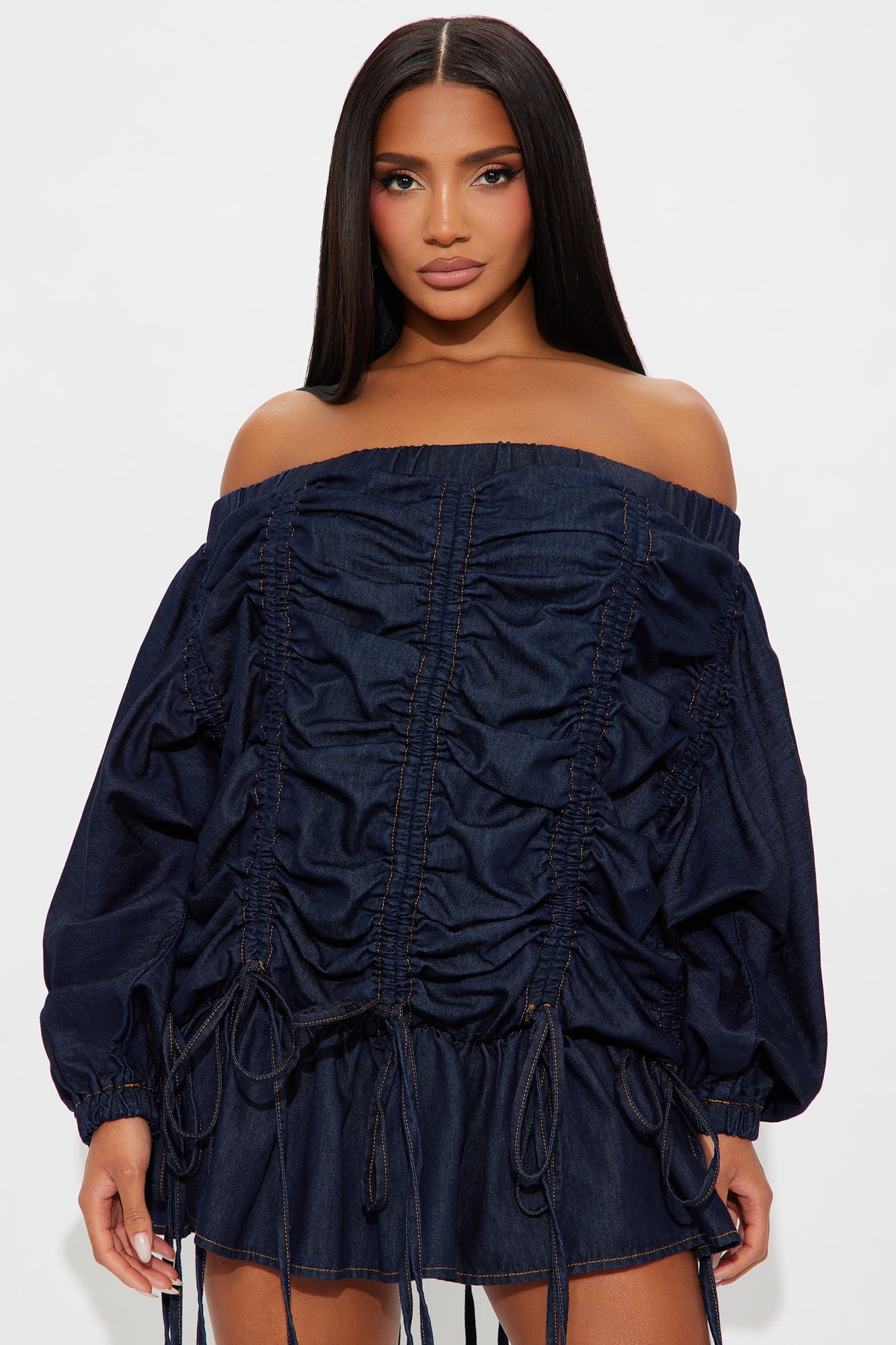 Tiana Denim Ruched Mini Dress - Denim