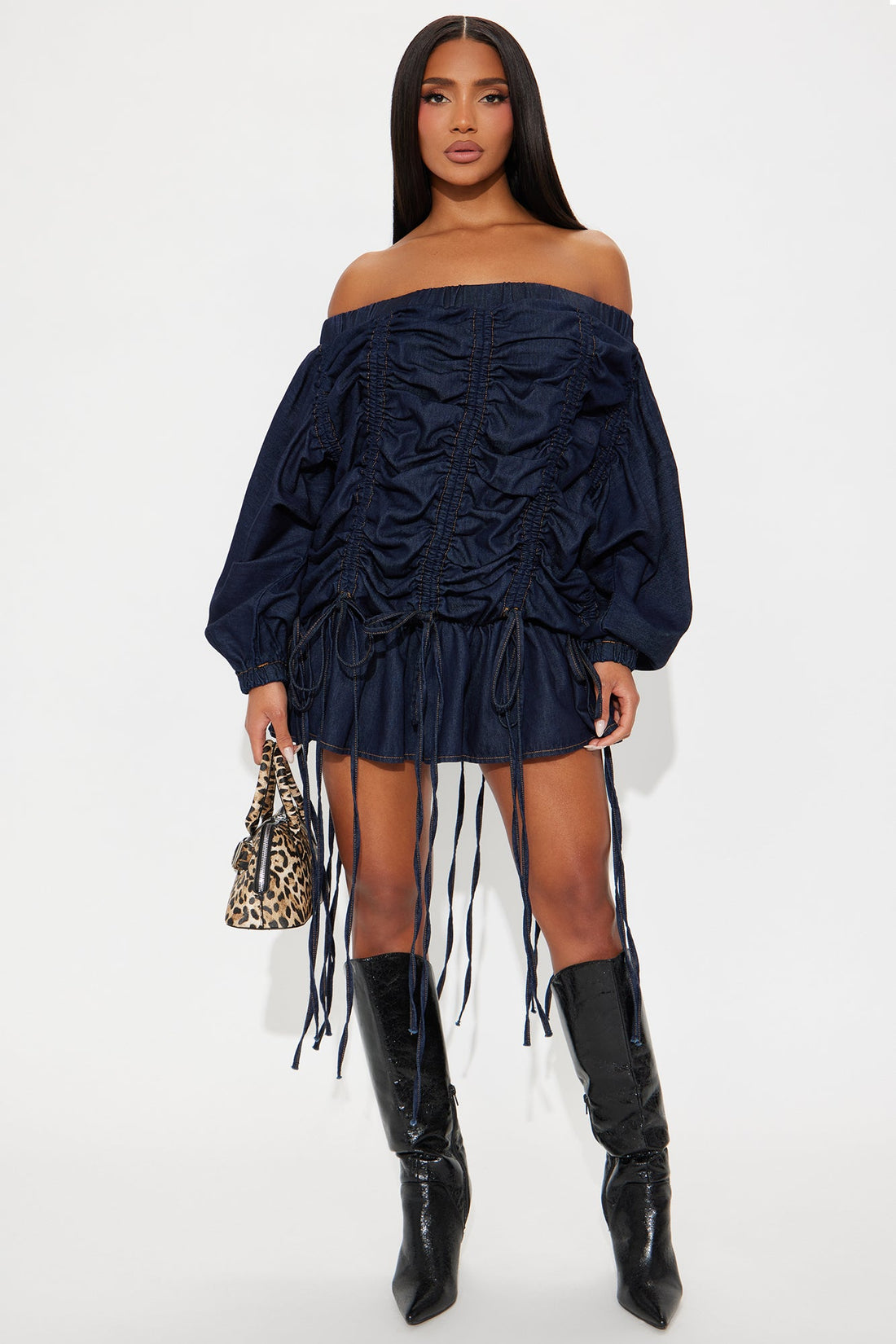 Tiana Denim Ruched Mini Dress - Denim