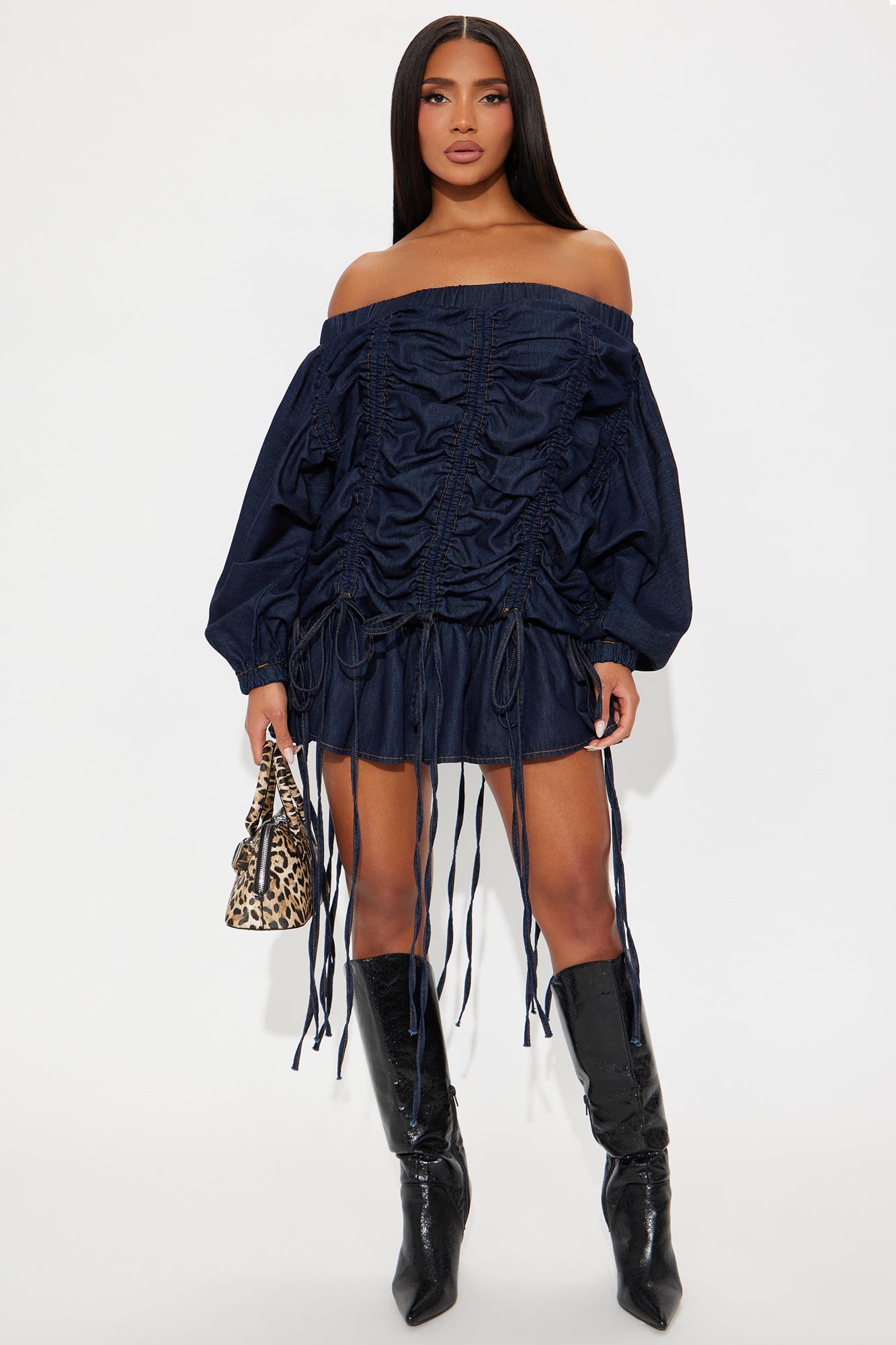 Tiana Denim Ruched Mini Dress - Denim