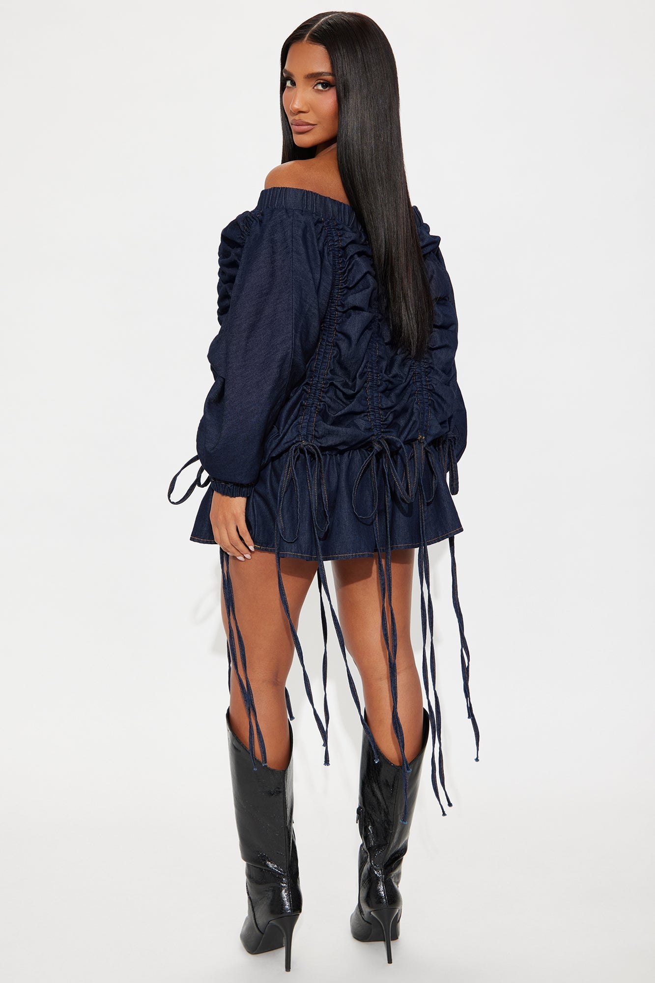 Tiana Denim Ruched Mini Dress - Denim