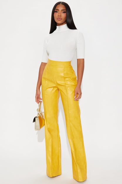Victoria High Waisted Washed Faux Leather Dress Pants - Mustard