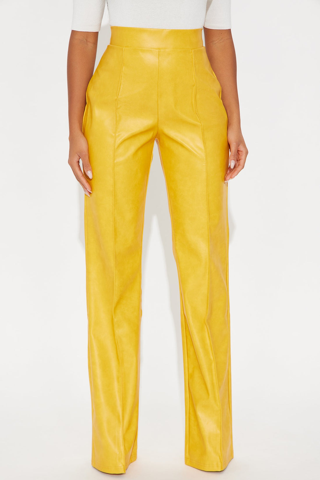Victoria High Waisted Washed Faux Leather Dress Pants - Mustard