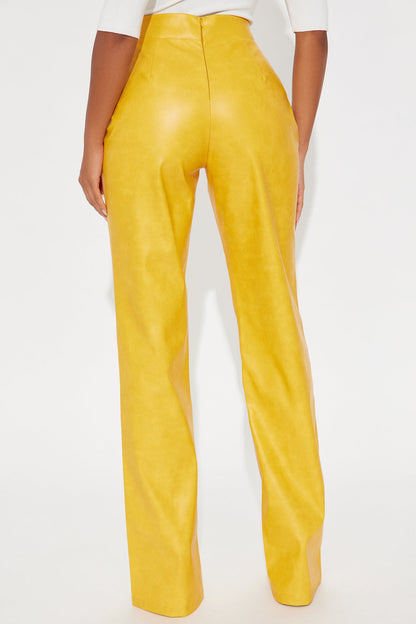 Victoria High Waisted Washed Faux Leather Dress Pants - Mustard