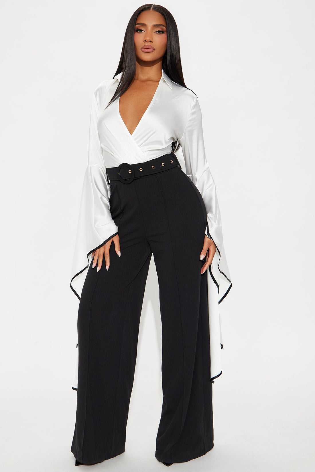 High Value Long Sleeve Wide Leg Jumpsuit - White/Black