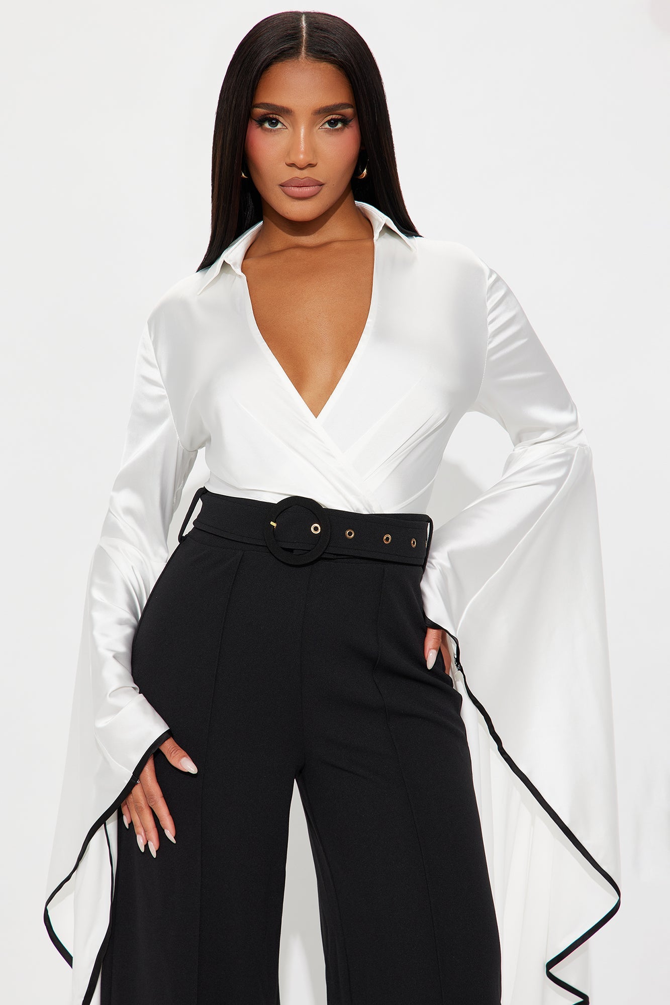 High Value Long Sleeve Wide Leg Jumpsuit - White/Black