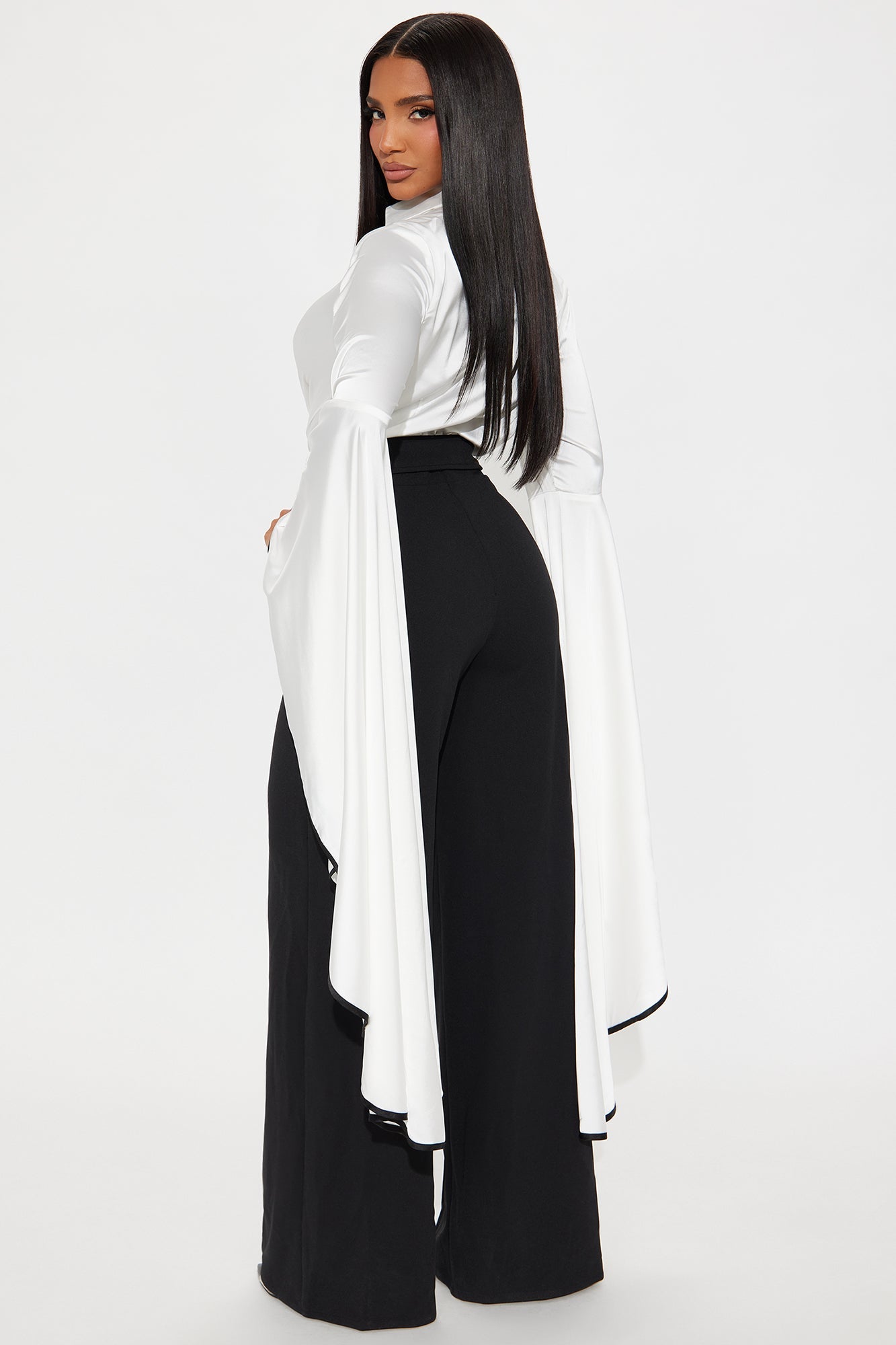 High Value Long Sleeve Wide Leg Jumpsuit - White/Black